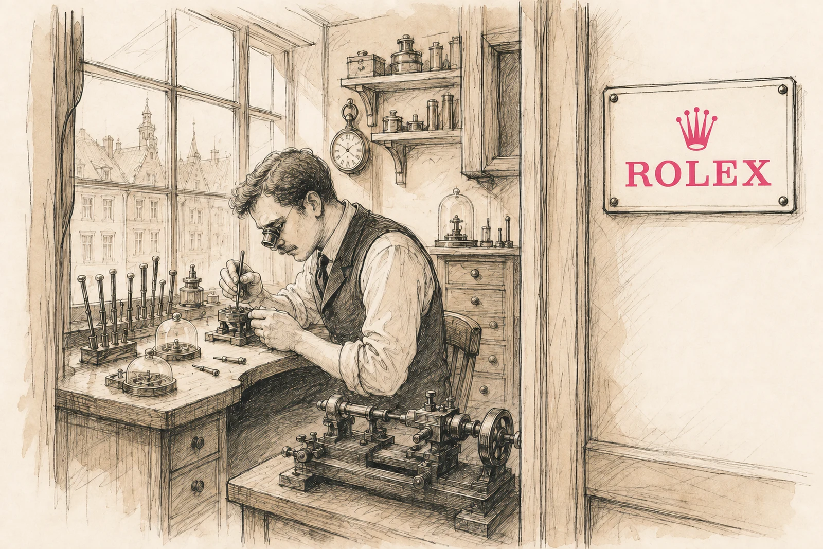 Loose graphite and sepia sketch of an imagined old watchmaker's workshop, with a raspberry Rolex crown and wordmark on an ivory sign.