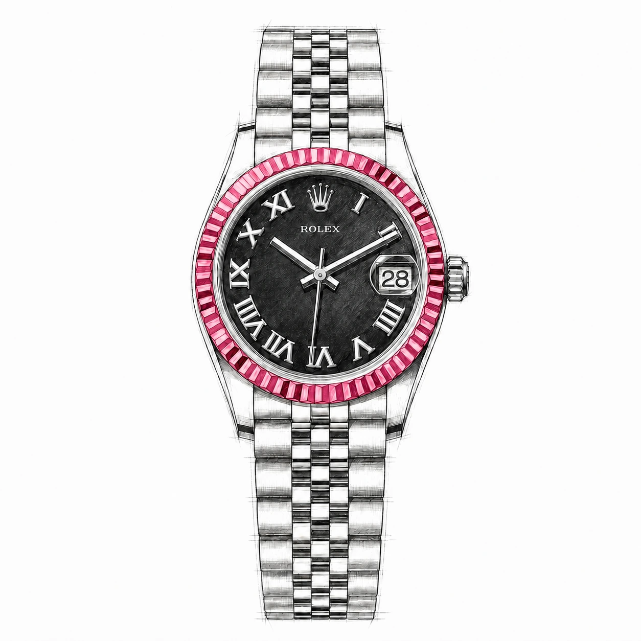 Dessin d’une Datejust 31 avec lunette cannelée rose framboise, cadran sombre à chiffres romains et bracelet Jubilee